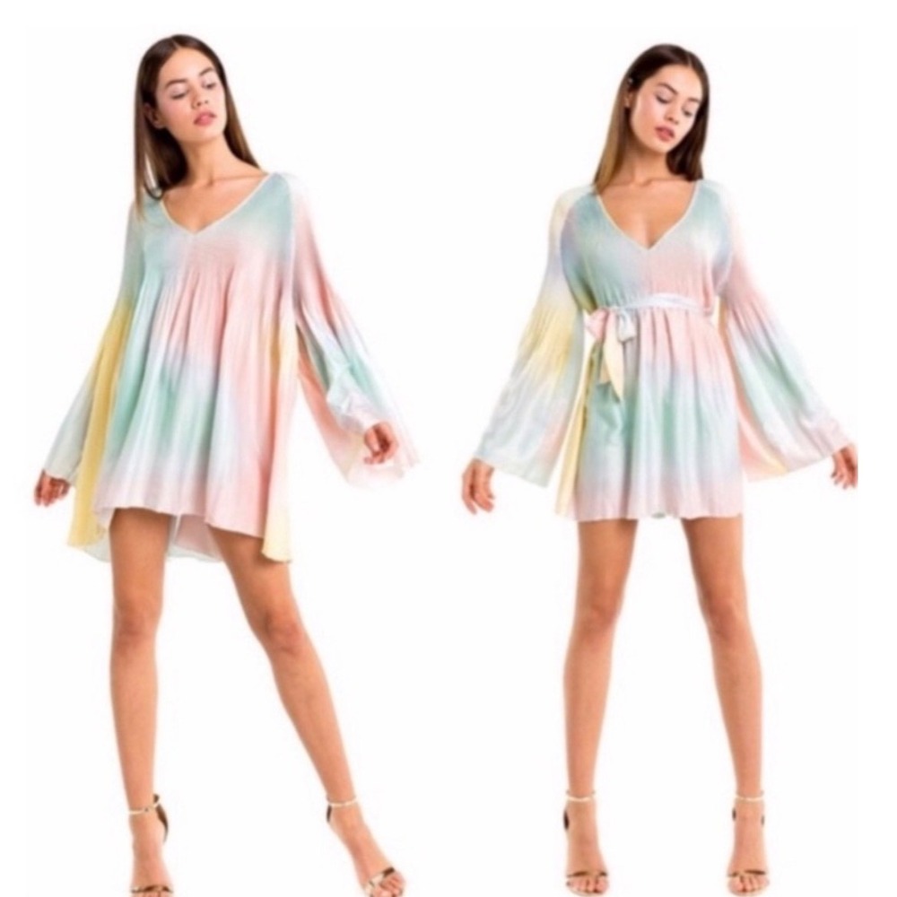 Wildfox Rainbow Mini Dress Size S Bell Sleeve Pastel Pleated Fairycore Going Out